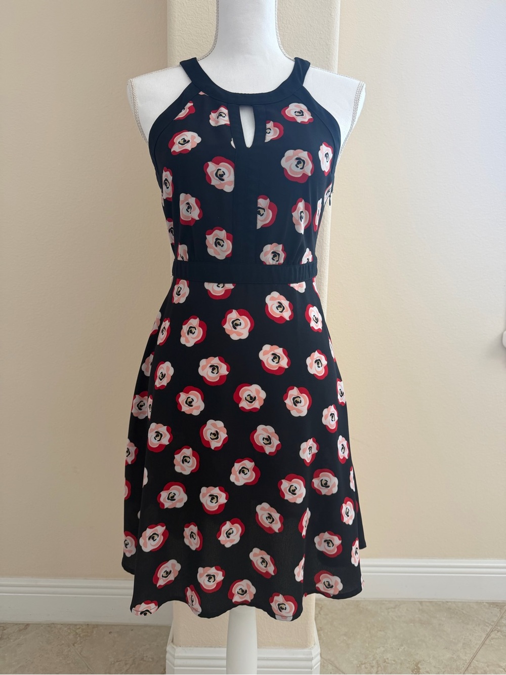Elle Black Halter Mini Dress with Red & Cream Floral Print. Size 2